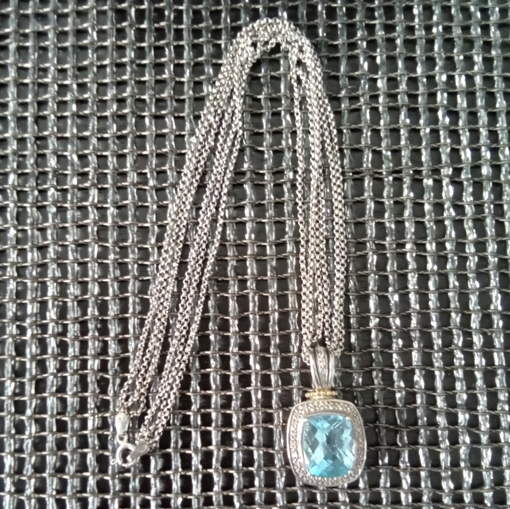 T&C Blue Topaz, Diamonds Sterling Silver Pendant Necklace